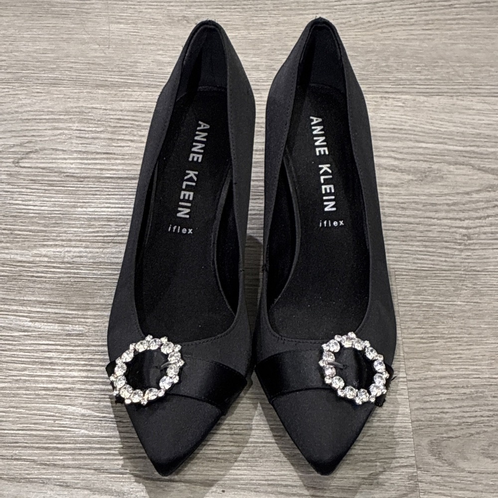 Anne Klein Iflex Rhinestone Embellished Satin High Heel Dress Pumps Sz 8 In Blk - Picture 1 of 10